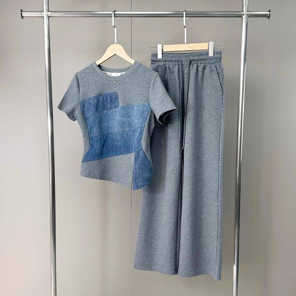 Women's Clothing Casual Sports Suit Fashion Color Matching Slim T Shirt Wide Leg Pants Two Piece Suit_ecoleips.com