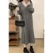 Autumn Winter New Korean Fashion Two-Piece Striped Hooded Knitted Maternity Dress_ecoleips.com