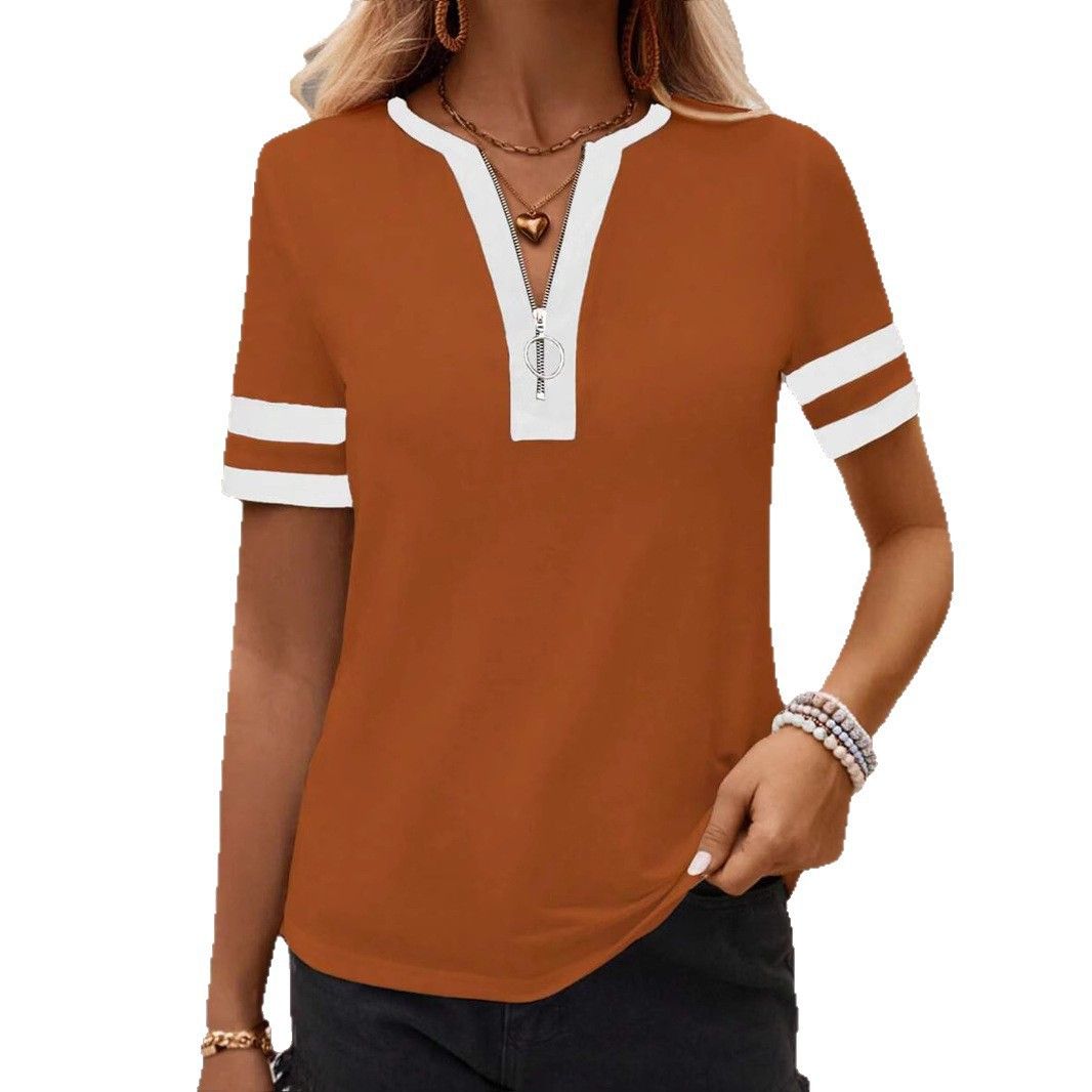 Women's Casual V-Neck Zip-Up T-Shirt - Stylish Color Block Short Sleeve Top For Spring & Summer_ecoleips.com