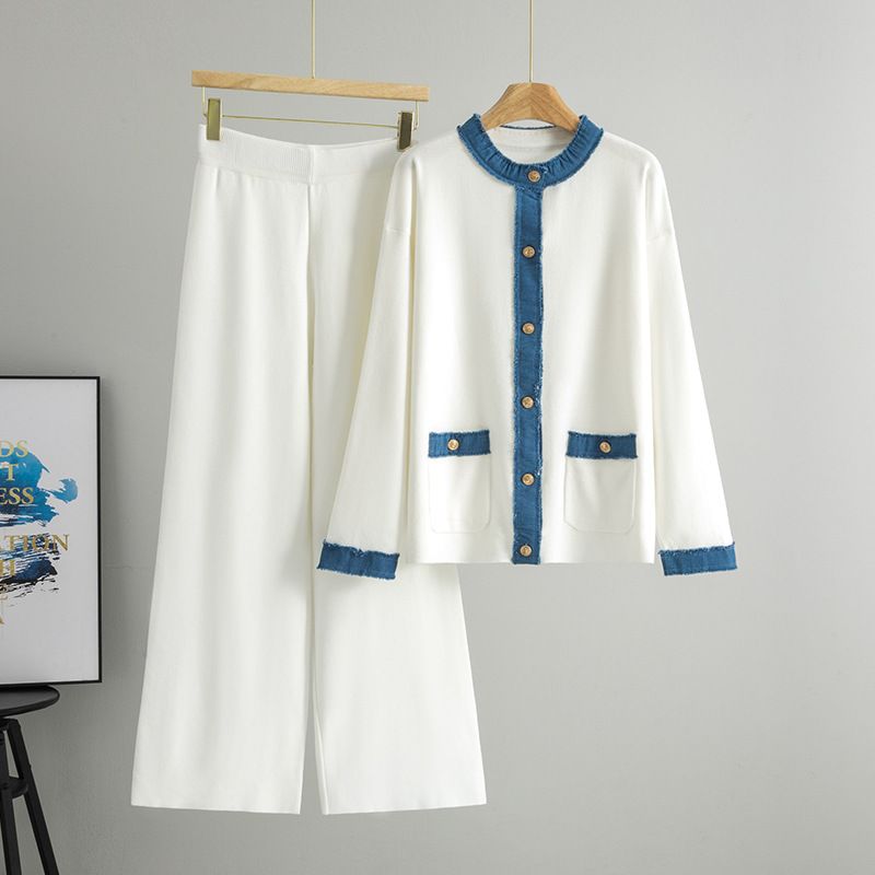 K Women's New Loose Denim Patchwork Knit Jacket & Wide Leg Pants Two-Piece Set_ecoleips.com