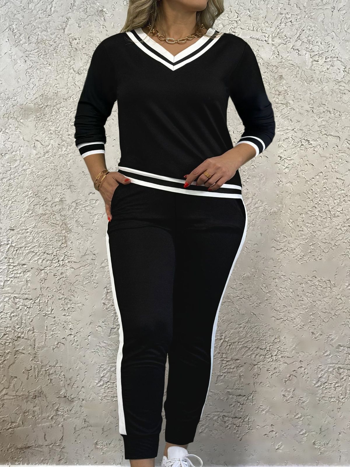 Women's Color Block V-Neck Long Sleeve Top with Elastic Waist And Pocket Versatile Summer Suit plus Size Sets England Style Fashion_ecoleips.com