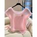 Women's Clothing Summer Fashion New Style Light Luxury High End Stylish Beautiful White Straight Shoulder Slim Short Sleeved Knitted Tops For Women_ecoleips.com