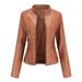 K Leather Jacket, Slim Fit Jacket, Thin Jacket, Women's Motorcycle Suit, Plus Size Stand Up Collar Leather Jacket_ecoleips.com