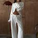Women's Two Piece Set Collared Long Sleeved White Shirt With Cutouts Wide Leg Pants_ecoleips.com