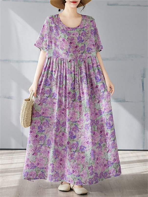 Cotton Vintage Short Sleeve Dresses For Women Casual Loose Long Light Purple Dress Femme Robe Vestidos Elegant Summer Clothing_ecoleips.com