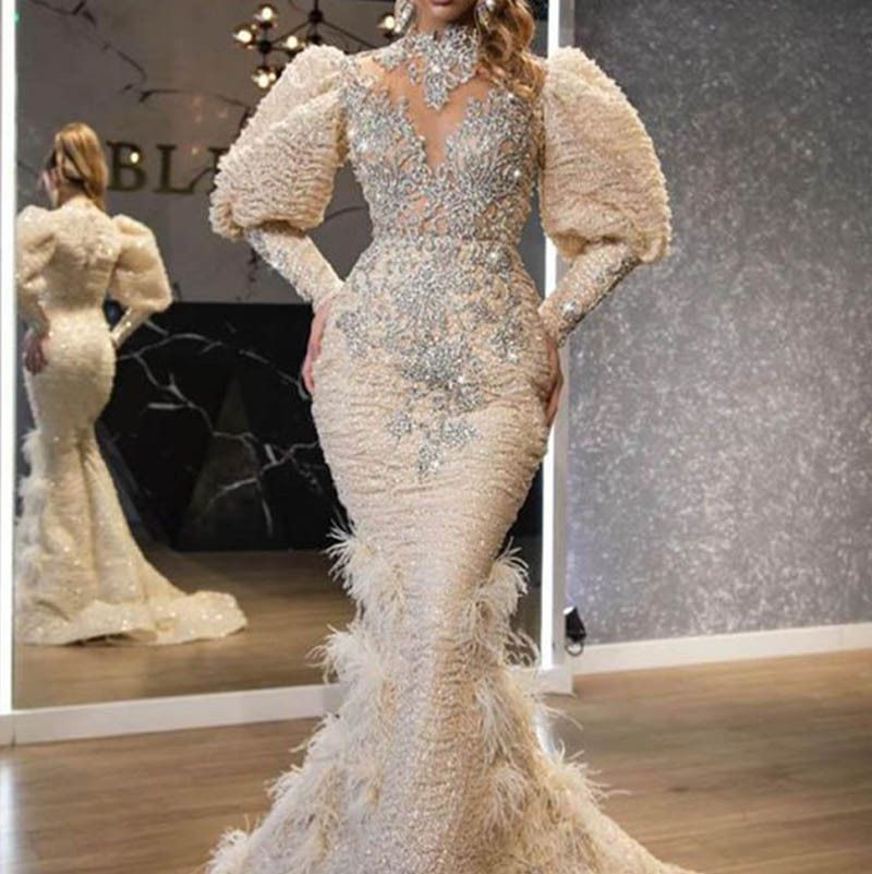 Gold Sprinkled V-Neck Feather Princess Dress Long Mesh Evening Gown Women's Clothing_ecoleips.com