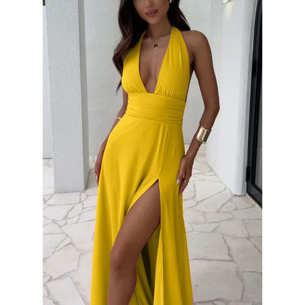 Women's Clothing Halter Neck V Neck Strap Backless Slit Dress Temperament Long Skirt_ecoleips.com