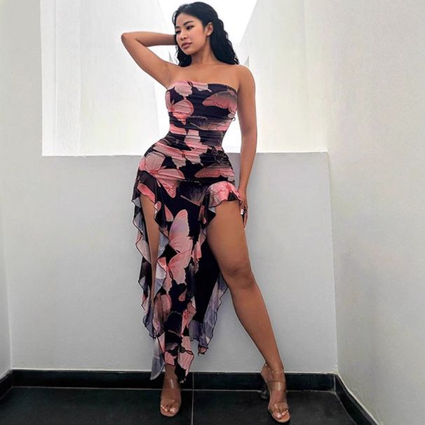 Women's Floral Print Strapless Dress High Slit Backless Slim Waist Pure Sexy European American Style New 2025_ecoleips.com