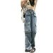 Plus Size Women's Clothing Fat MM Workwear Loose Casual Straight Pocket Wide Leg Retro American Style Floor-Length Jeans_ecoleips.com