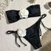 Elegant Solid Color Rose Wrap Bandeau Bikini Set - Adjustable Tied Side & Ribbed Texture - Women's Swimwear For Beach & Pool_ecoleips.com
