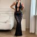 Women's Clothing Hollow Halter Neck Long Skirt Sexy Transparent Lace Solid Color Temperament Slim Dress_ecoleips.com