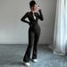 Voya Women's Black Slim Fit And Slimming Zipper Stand Up Collar Top, Slightly Flared Pants, Fashionable Two-piece Set For Women_ecoleips.com