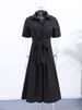 Elegant Belt Women Long Black Dress Full Sleeve Pleated Lapel Waist-Closed Female A Line Dresses 2026 Spring Lady Robes New_ecoleips.com