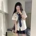 Basic Style College JK Uniform Short Sleeved Shirt Women's Loose Top School Feel Versatile White Embroidered_ecoleips.com