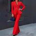 Women's Clothing Red Single Button Suit Set European And American Style Fashionable Waist Cinching Belted Flared Pants Professional Two Piece_ecoleips.com