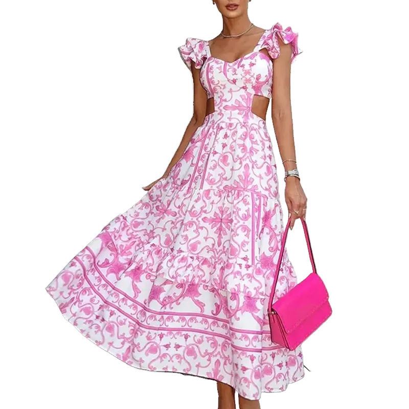 Women's Clothing New Shoulder Pad Flying Sleeves Printed Hollow New Long Style_ecoleips.com