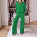 Women's Clothing New Casual Threaded V Neck Long Sleeved Loose Top Wide Leg Pants Two Piece Set_ecoleips.com