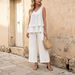 Women's New Style Two Piece Set Solid Color V Neck Sleeveless Top And Wide Leg Pants Layered Design_ecoleips.com