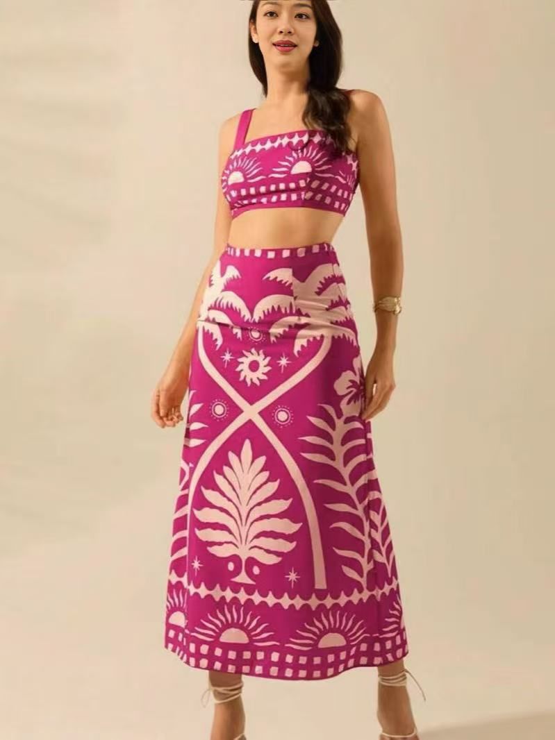 Women's Sexy Printed Suspender Long Skirt Set European American Summer Fashion Cross Border Amazon Clothing_ecoleips.com