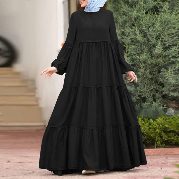 Women's Clothing Muslim Ruffle Skirt Women's Ruffle Korean Dress Casual Loose Round Neck Long Dress_ecoleips.com