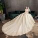 Champagne Lace Long Sleeve Wedding Dress With Cathedral Train, Plus Size Bridal Gown For Elegant Bride, Flowy A-Line Silhouette_ecoleips.com