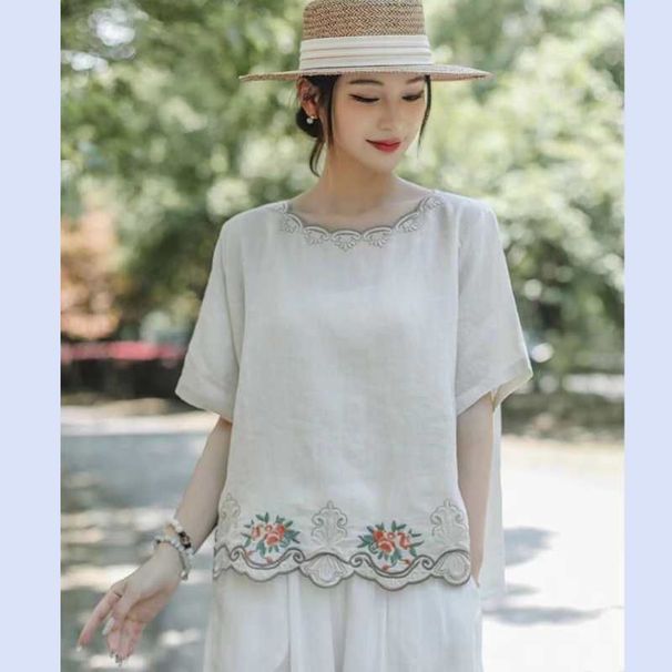 This Summer's Lightweight, Comfortable Cotton-Linen Short-Sleeved Dress For Women Features Embroidery Details And A Retr_ecoleips.com