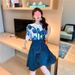 2025 New Oil Painting Blue Short Sleeve T-shirt Women Korean Style Irregular A-line Puffy Half Skirt Set_ecoleips.com