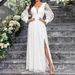 Women's Clothing Elegant V Neck Backless Long Sleeved Slit Slim Fit Ladies Solid Color Dress_ecoleips.com