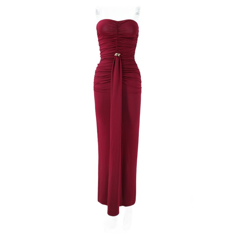 Women's Clothing Elegant European American Style Women's Dress Strapless Ruched Details Backless Long Design Cinched Waist_ecoleips.com