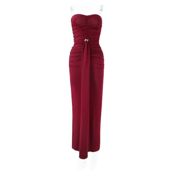 Women's Clothing Elegant European American Style Women's Dress Strapless Ruched Details Backless Long Design Cinched Waist_ecoleips.com