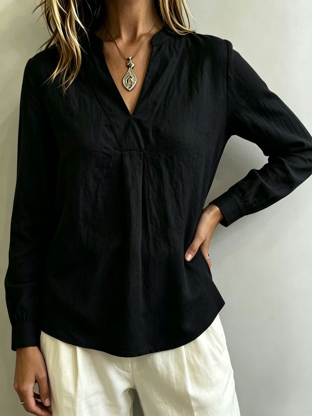 Stand Collar V Neck Long Sleeve Slimming Shirt Loose Fit Women's Top Bestseller_ecoleips.com