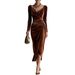 2026 European American Women's Casual Gold Velvet Sexy New Long-sleeve Slim-fit Ruched Long Dress With Slit And Bodycon_ecoleips.com