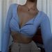 Women's Clothing Gray Retro V Neck Long Sleeved Short T Shirt Female Autumn Korean Version Of Navel Baring T Shirt Hot Girl Outfit_ecoleips.com