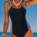 Women's Patchwork One Piece Swimsuit Sexy Conservative H Black And White Striped Print Beachwear_ecoleips.com