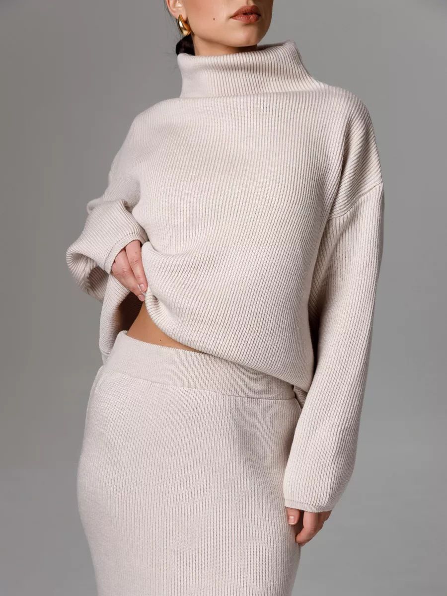 Knitted High-neck Sweater & Slim-fit Skirt Set – Elegant Two-piece Outfit In Beige, Olive Green, White, Green, Yellow, Light Gray, Emerald, Black_ecoleips.com