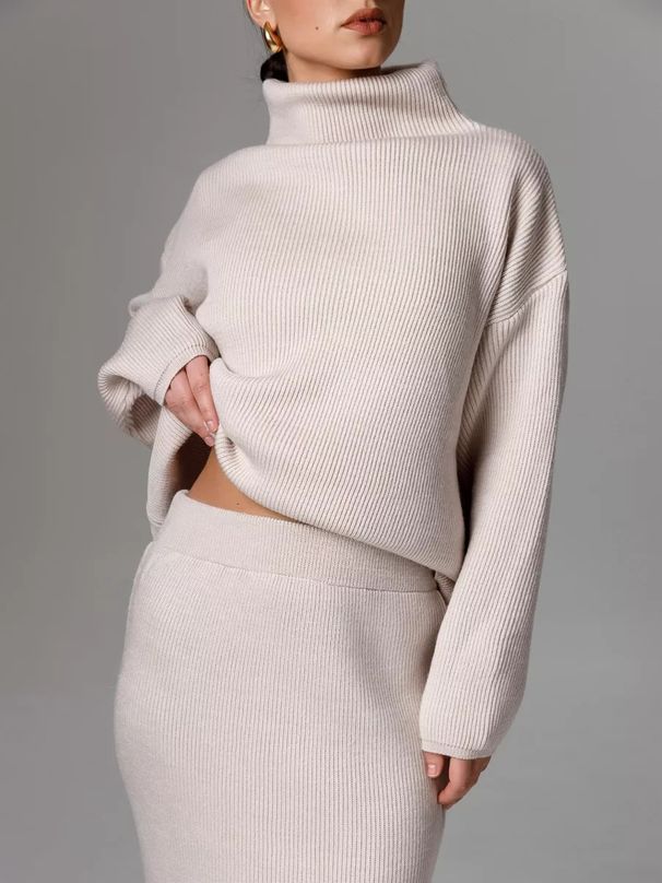 Knitted High-neck Sweater & Slim-fit Skirt Set – Elegant Two-piece Outfit In Beige, Olive Green, White, Green, Yellow, Light Gray, Emerald, Black_ecoleips.com