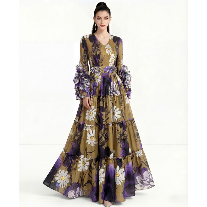 Women's French Style Long Dress V Neck Floral Print Fitted Waist Full Skirt Cake Skirt For Vacation Look_ecoleips.com