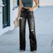 Women's Clothing Jeans Women's Fashion Washed Ripped Holes Slimming Wide Leg Denim Trousers_ecoleips.com