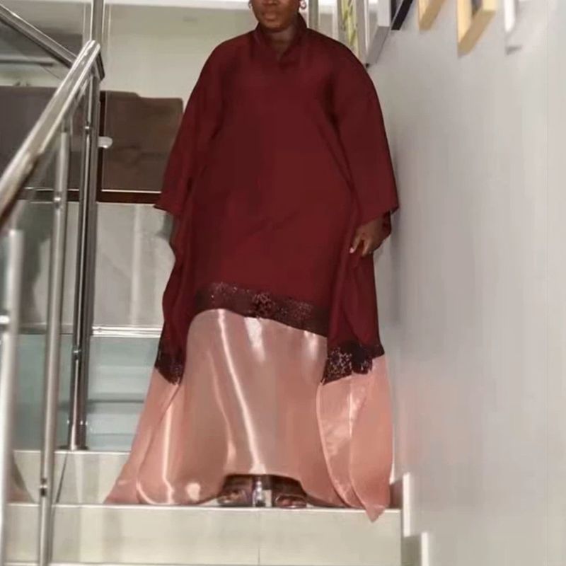Women's Casual Long Sleeve Loose Long Dress Elegant V-neck Patchwork Robe Dress Fashion Lace Hollow Out Solid Color Party Dress_ecoleips.com