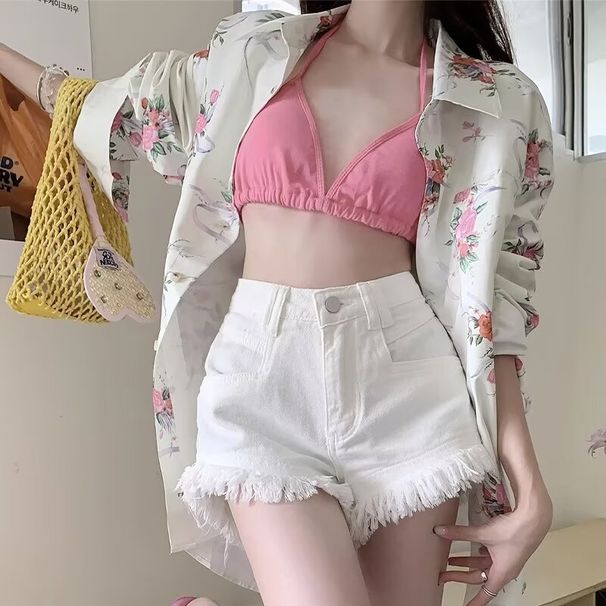 2025s Waist Pink Denim Shorts For Women Summer 2025 New High Street Ins Trend Loose Frayed A-Line Slimming Hot Pants_ecoleips.com
