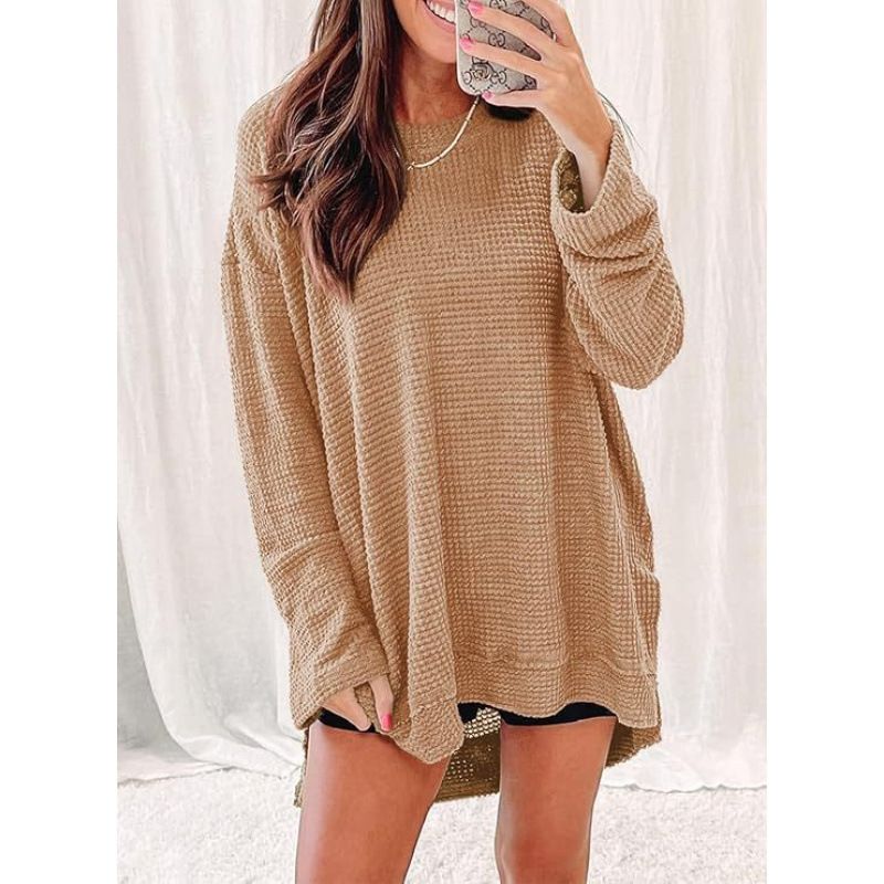 Fashionable Solid-Color Waffle-Patterned Loose-Collared Long-Sleeved Top With Slit, Available In Plus Sizes For Women_ecoleips.com