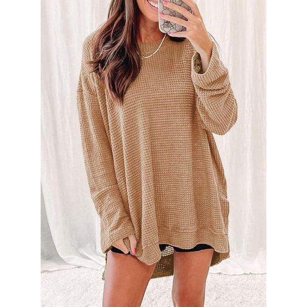 Fashionable Solid-Color Waffle-Patterned Loose-Collared Long-Sleeved Top With Slit, Available In Plus Sizes For Women_ecoleips.com