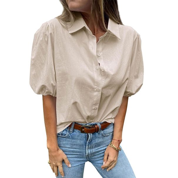 Women's Clothing Summer Puff Sleeve Top Solid Color Button Short Sleeved Shirt Female_ecoleips.com