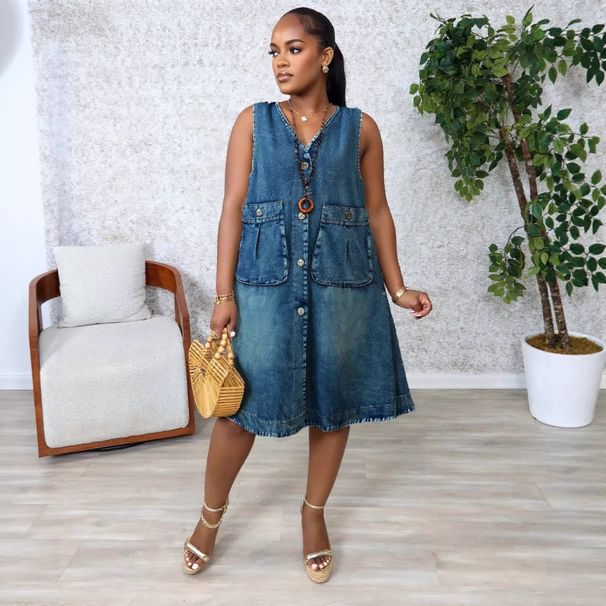 Women's Casual Double Pocket Denim Dress Mid-Length Practical Independent Store_ecoleips.com