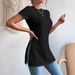 Ribbed Knit Short Sleeve Top With Side Slit, Elegant Casual Crewneck T-Shirt For Women, Spring Summer Basic_ecoleips.com