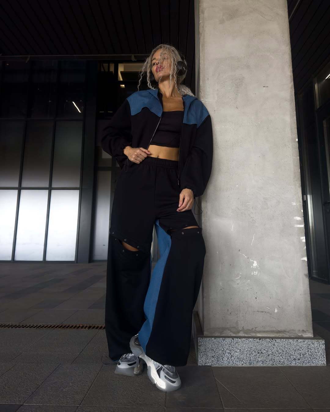 New High Street Design Splicing Sports Suit Hooded Cardigan Drawstring Ripped Button Trousers Two-piece Set Women_ecoleips.com