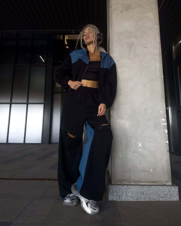 New High Street Design Splicing Sports Suit Hooded Cardigan Drawstring Ripped Button Trousers Two-piece Set Women_ecoleips.com