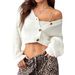 Women's Short Button-Up Knit Cardigan – Oversized Cropped Sweater Coat With Polo Collar, Lightweight Acrylic Blend For Fall & Winter_ecoleips.com