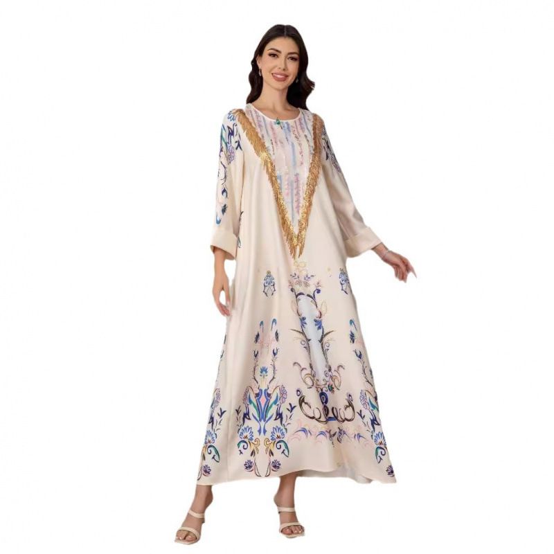 Muslim Women's Long Robe Printed Evening Gown Abaya Dress_ecoleips.com