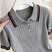 Women's Contrast Color Striped Knit Top Casual Short Sleeve Crew Neck Slim Fit T-Shirt Grey Fashion Top_ecoleips.com